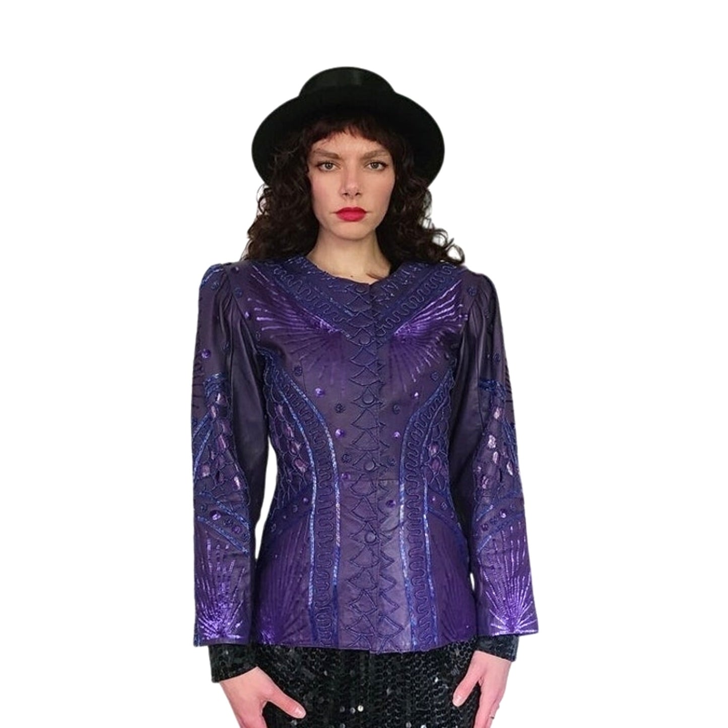 Vintage 80s Purple Leather Blazer Beaded Sequined Jacket French Collizioni / M