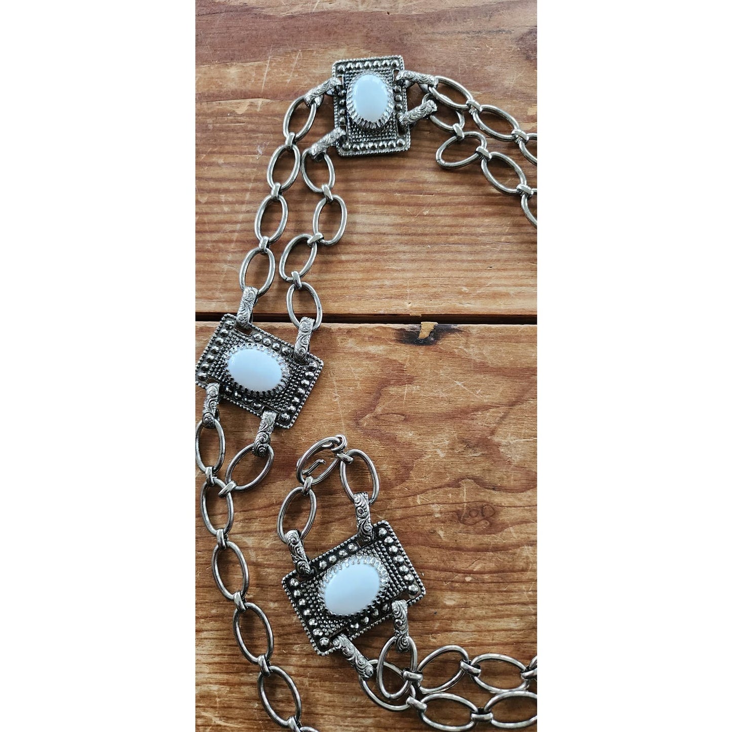 Vintage 60s Chain Belt Silver Link White Enamel