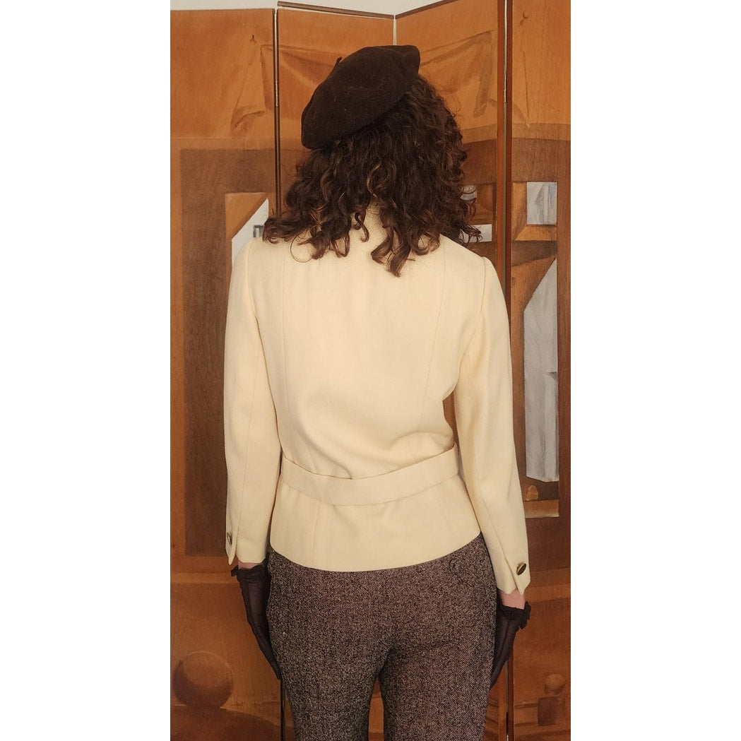 Vintage 1960s Mod Jacket Marshall Field Cream Wool Peplum Blazer Gold Buttons