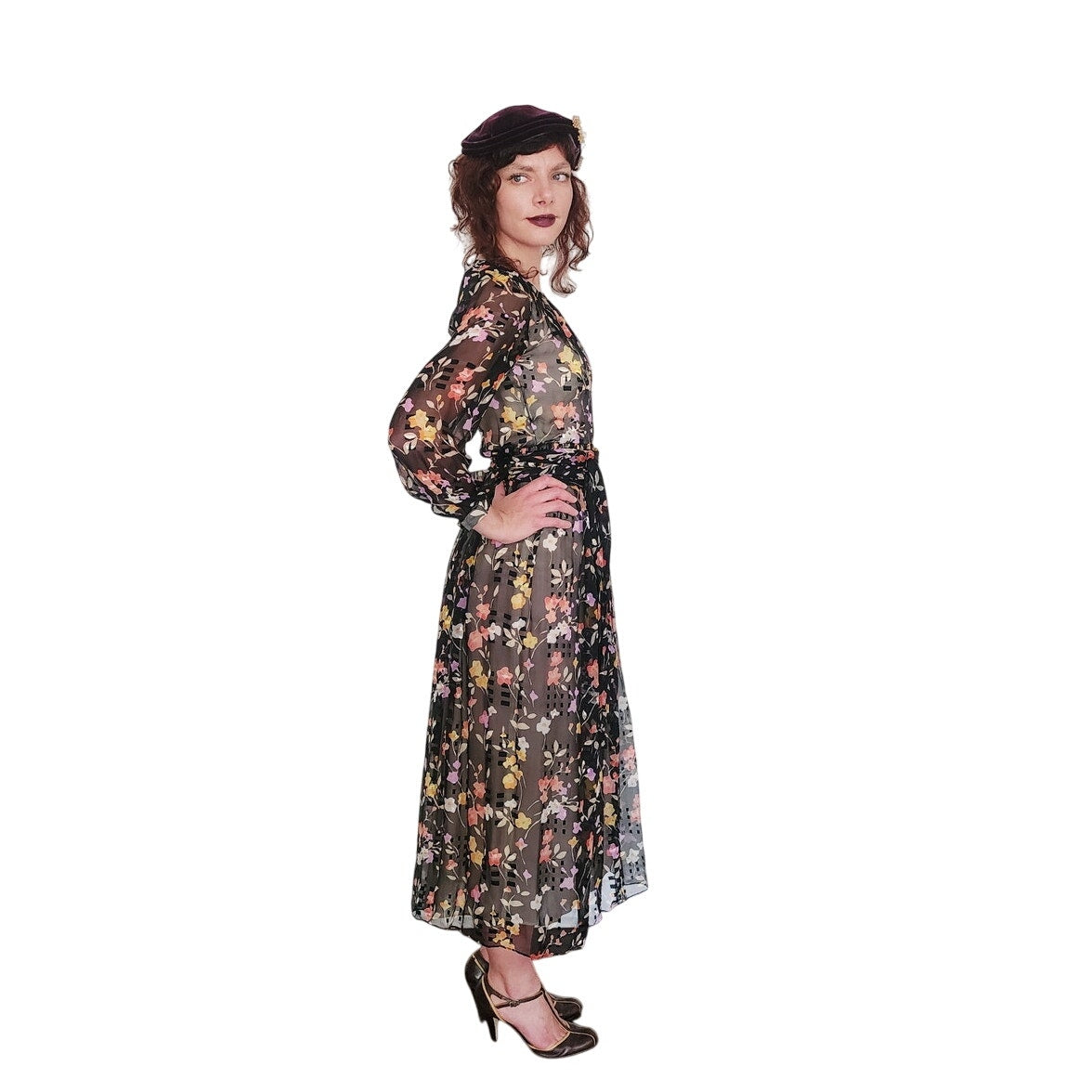 Vintage 1970s Dark Floral Print Dress Gauzy Maxi Sash Tie Belt