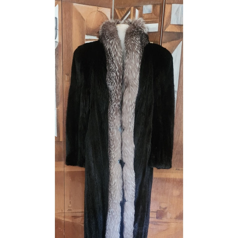 Vintage 80s Ranch Mink Black Fur Coat Long Silver Fox Tuxedo Collar Maxi