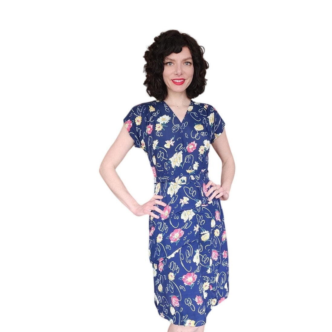 Vintage 40s Rayon Print Midi Dress Dark Blue Floral w/Belt & Diagonal Peplum