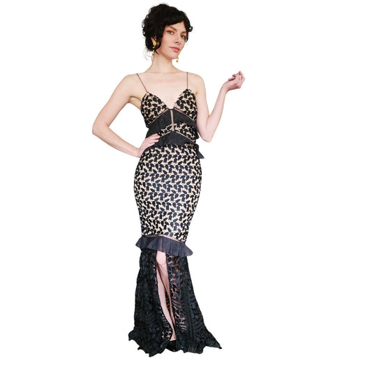 SELF PORTRAIT Evening Dress Aaliyah Organza Ruffled Black Guipure Lace Gown Spaghetti Straps