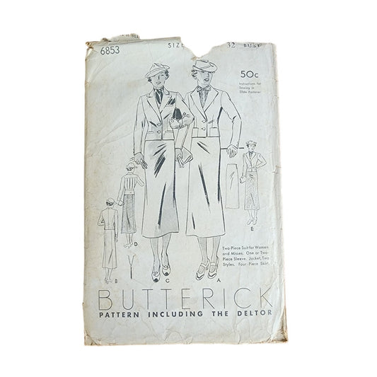Vintage 30s Sewing Pattern: Two-Piece Suit Butterick 6853