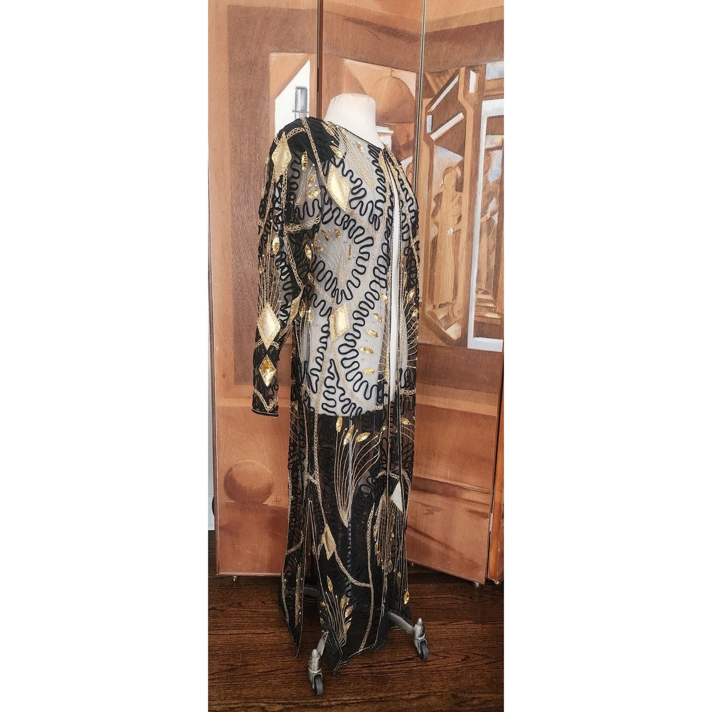 Vintage 80s Tan Chho Duster Sheer Coat Beaded Sequined Embroidered Evening Jacket Black Gold