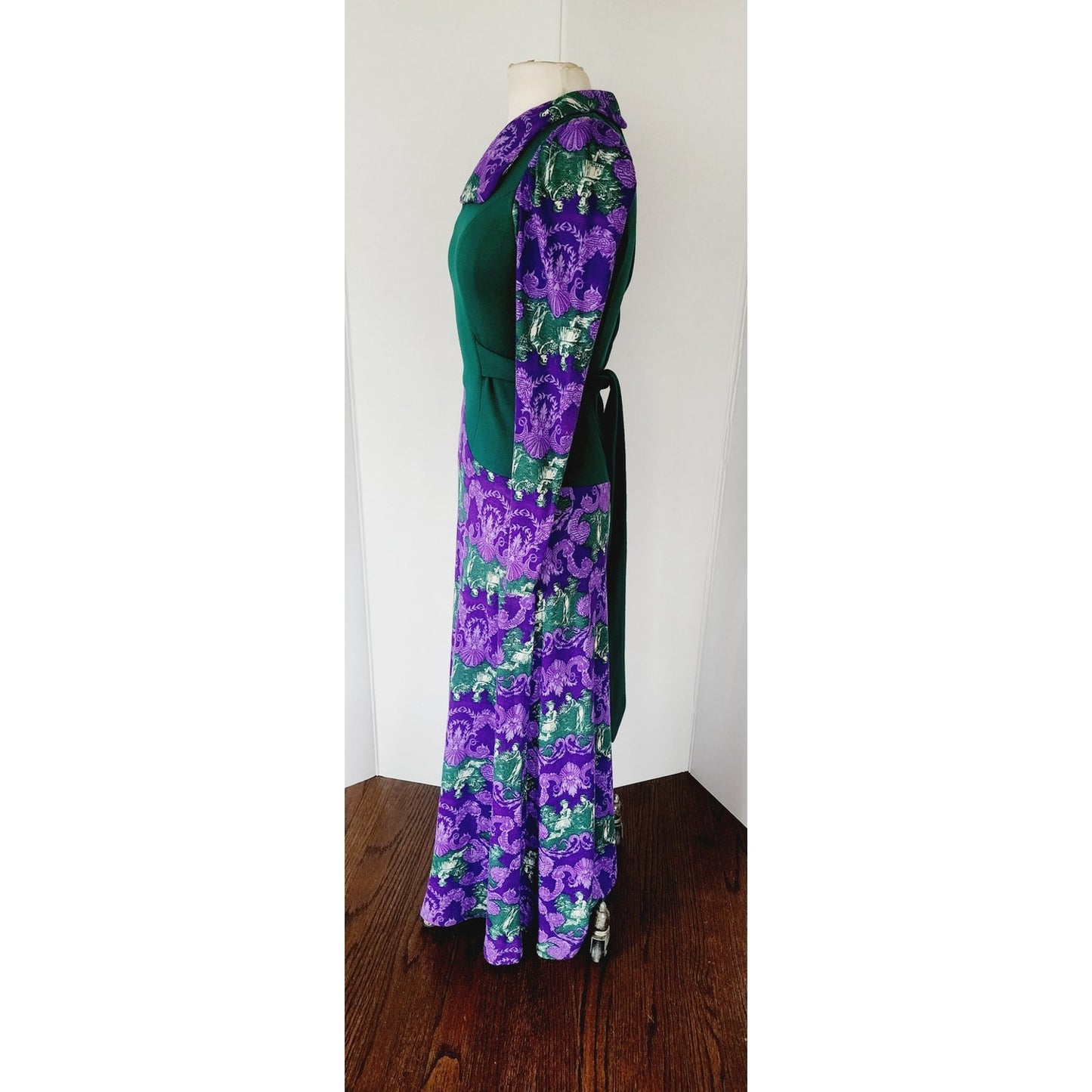 Vintage 70s Maxi Dress Purple French Toile Print & Hunter Green Jody California
