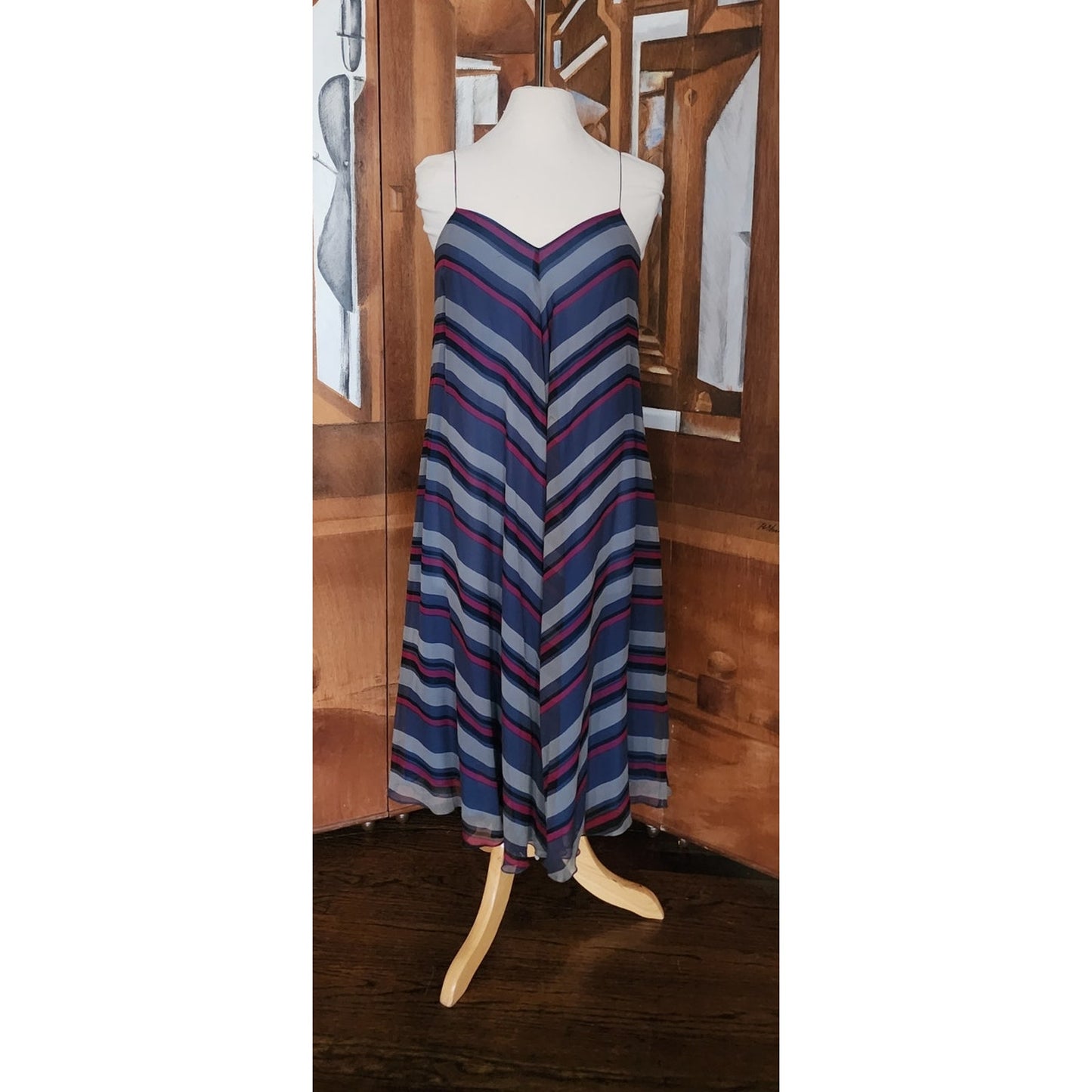 Vintage 70s Chiffon Silk Sun Dress Chevron Stripe Charlotte Ford Spaghetti Strap