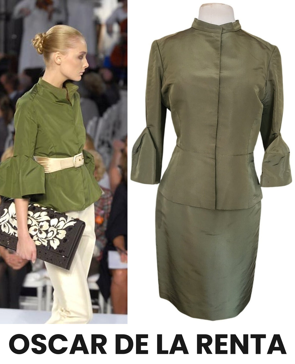 Oscar de la Renta Skirt Suit SS 2008 Green Silk Taffeta Peplum Blazer Bell Cuffs