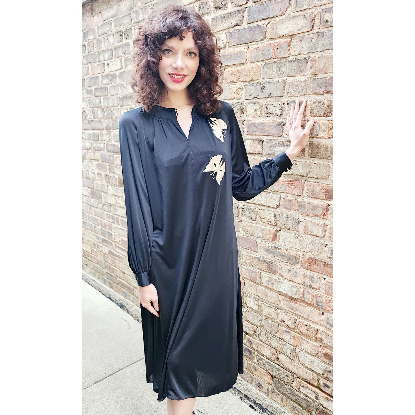 Vintage 70s Black Dress Butterfly Embroidery Ciao Ltd