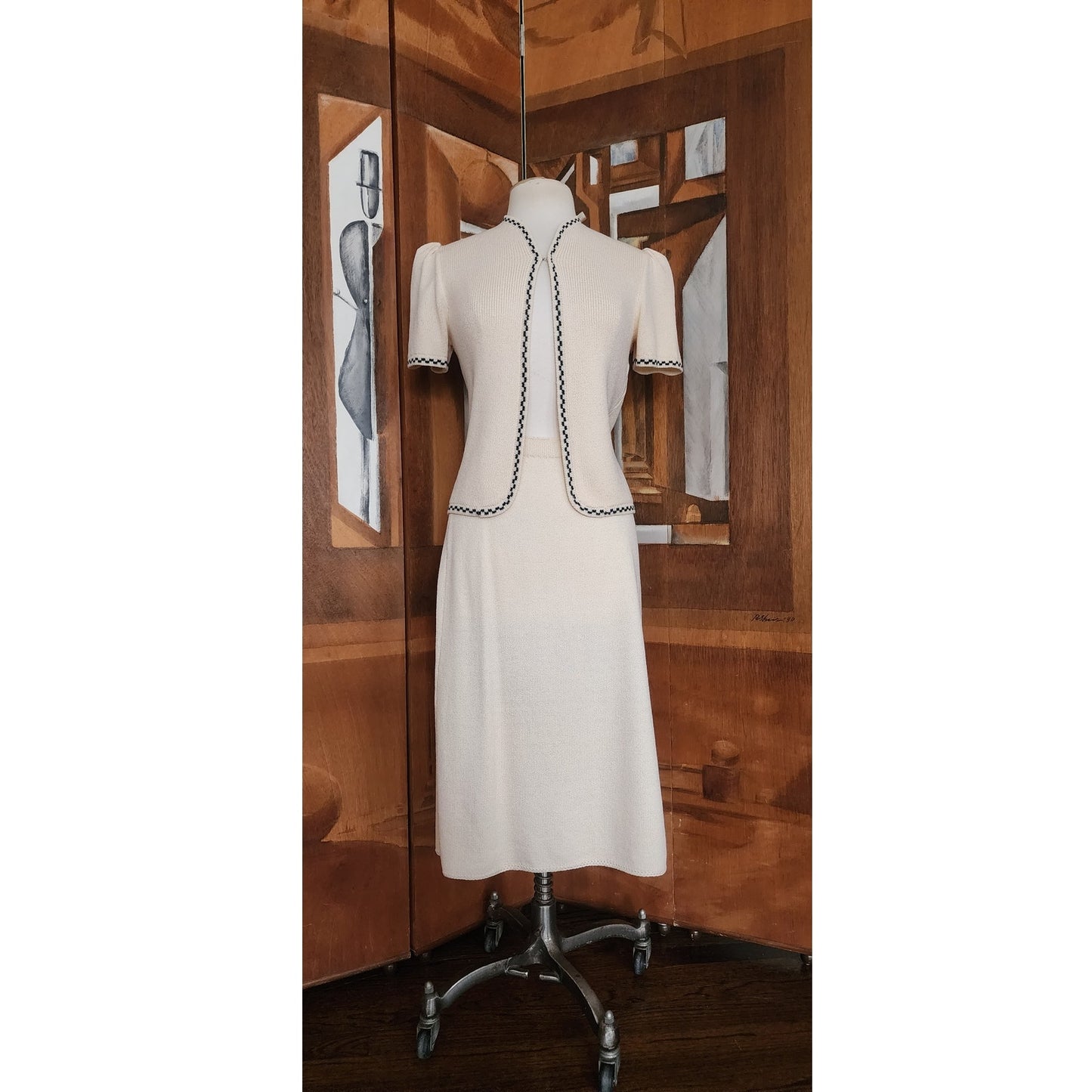 Vintage 80s St. John for Marshall Fields Cream & Black Knit Suit Skirt Jacket