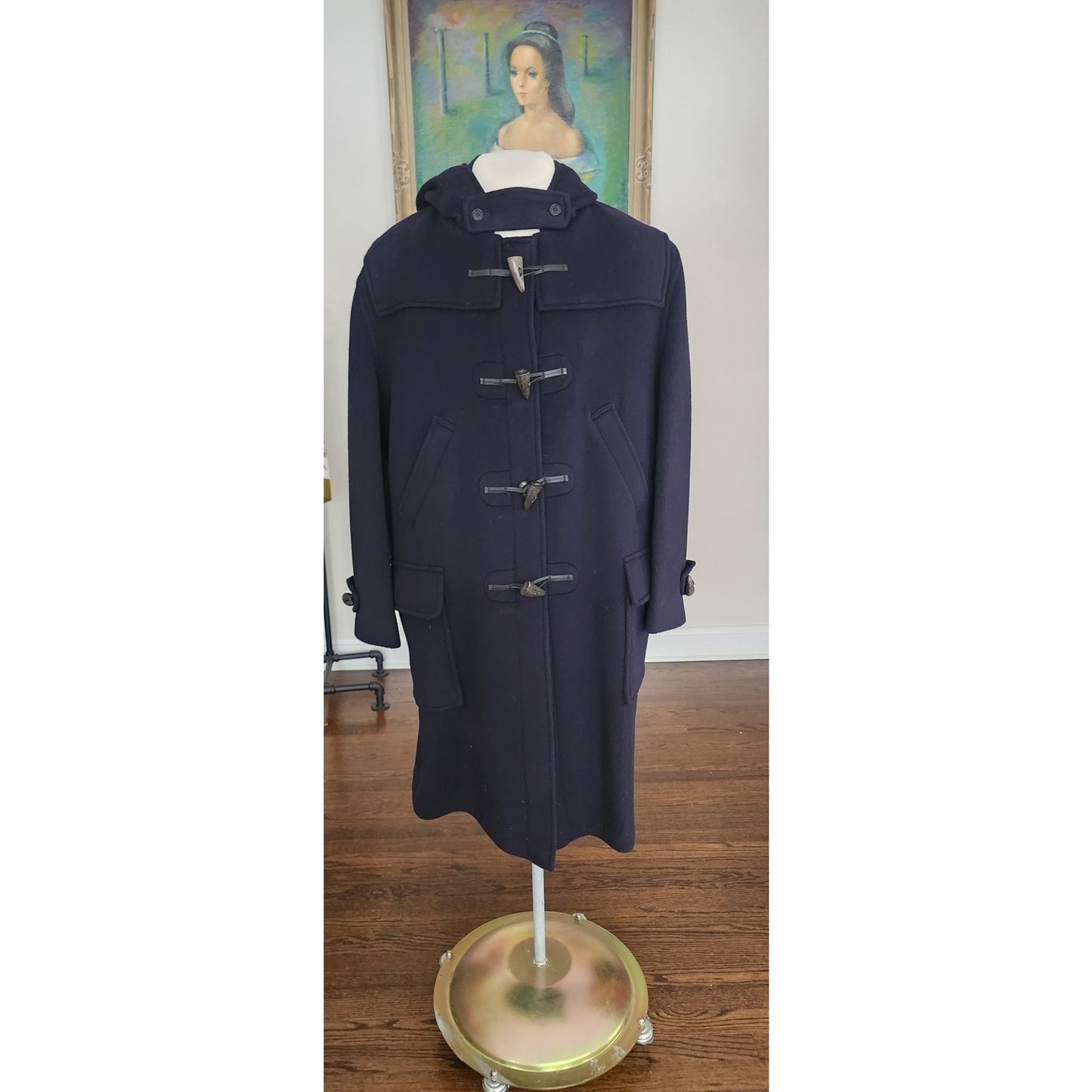Vintage 1990s Mens Duffle Coat Lands End Navy Blue Wool Hooded w/Toggle Closure
