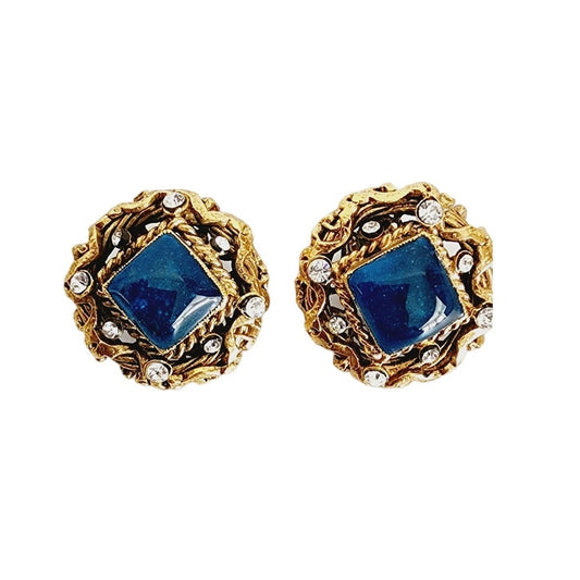 Vintage 90s Chanel Earring Clips Gripoix Blue Glass Byzantine Style A 96