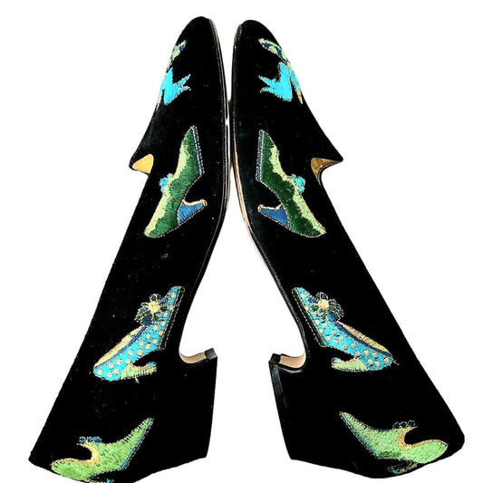 Vintage 90s Black Suede Pumps Green Shoes Embroidery J Renee 7.5