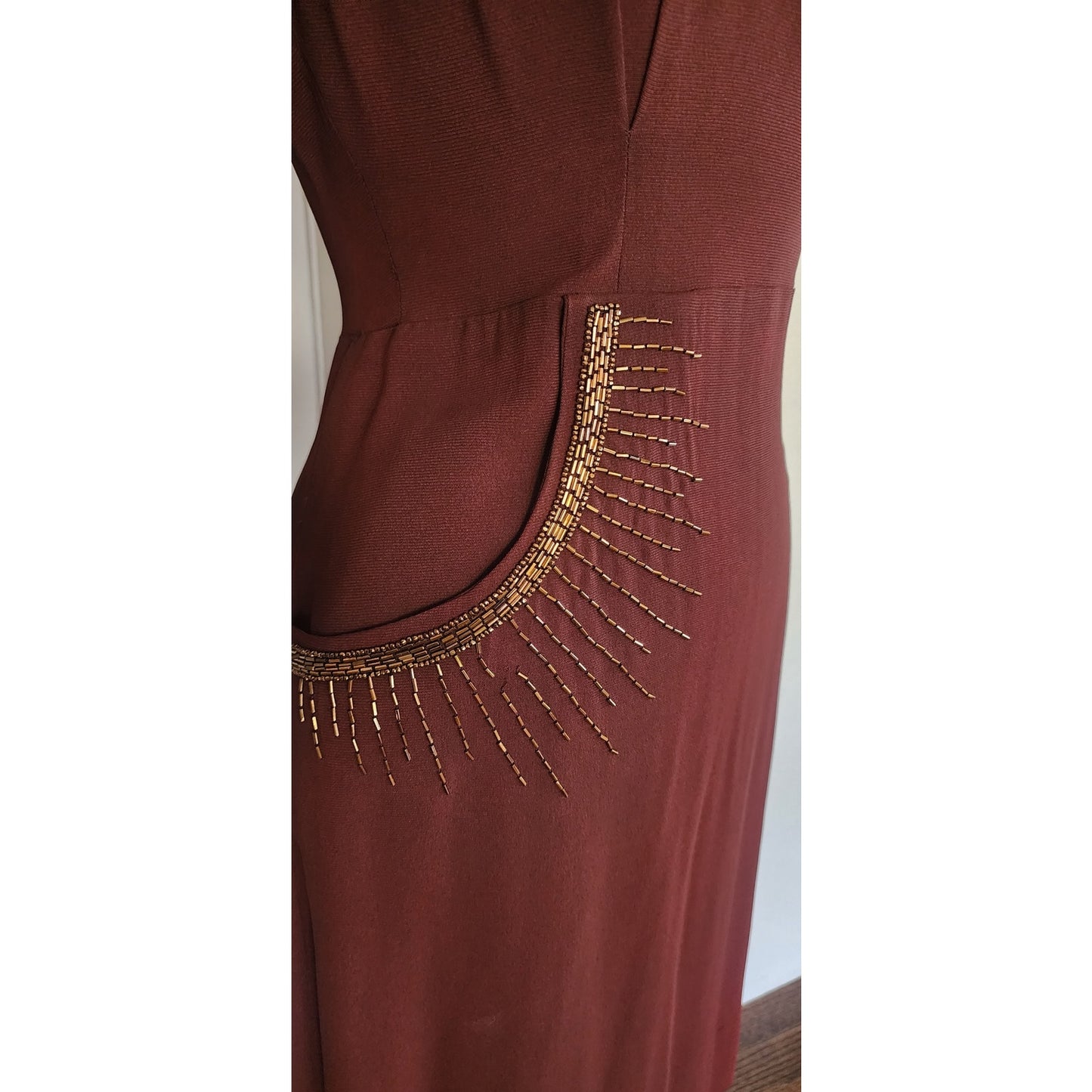 Vintage 1940s Beaded Dress in Brown Copper Crepe w/Keyhole Small