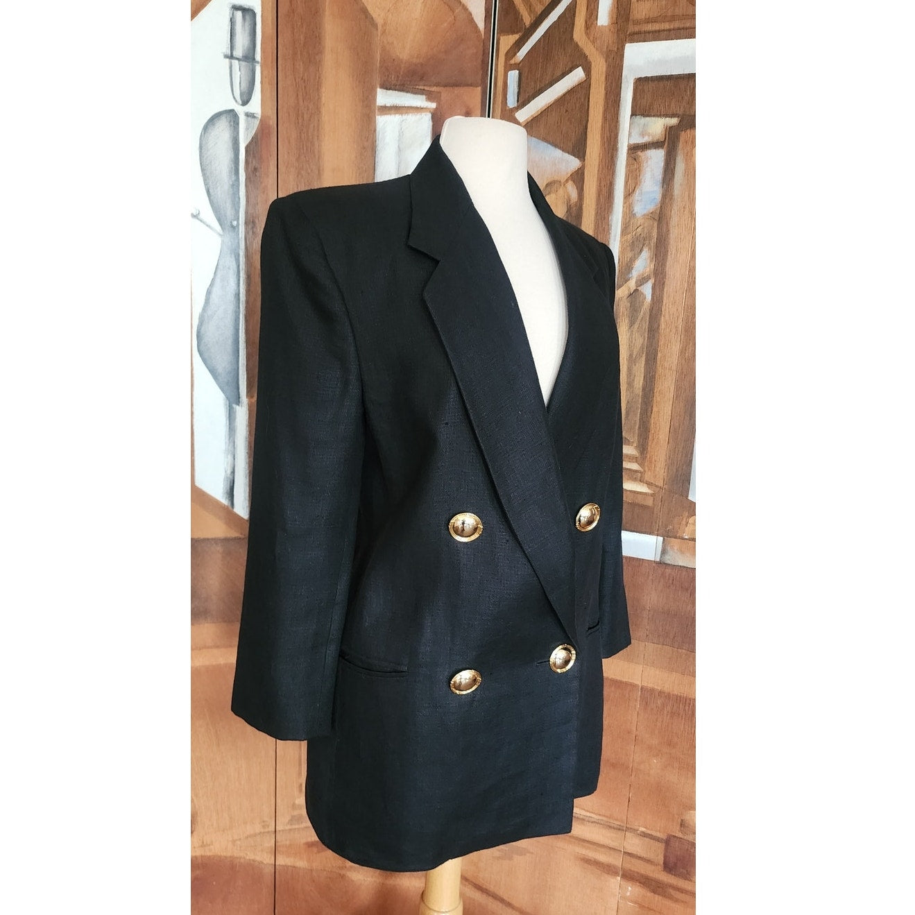 Vintage 80s GENNY Blazer Black Linen Jacket Hip Length Double Breasted Gold Buttons / M
