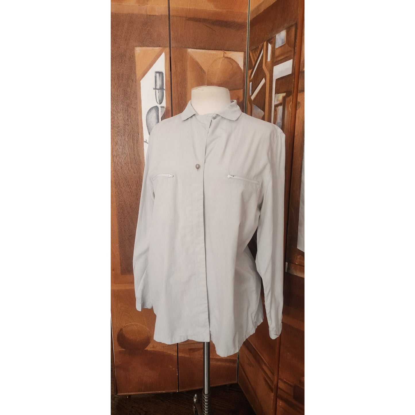 Vintage 1990s Prada Shirt Gray Button Down Long Sleeve Blouse Zipper Pockets L