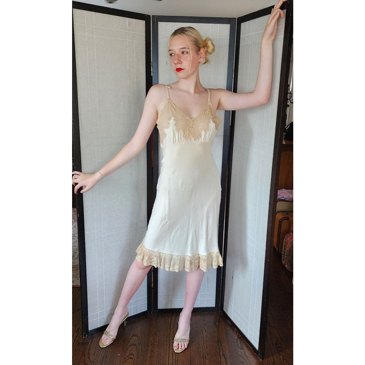 Vintage 30s Slip Dress Cream Silk Lace Bias Cut