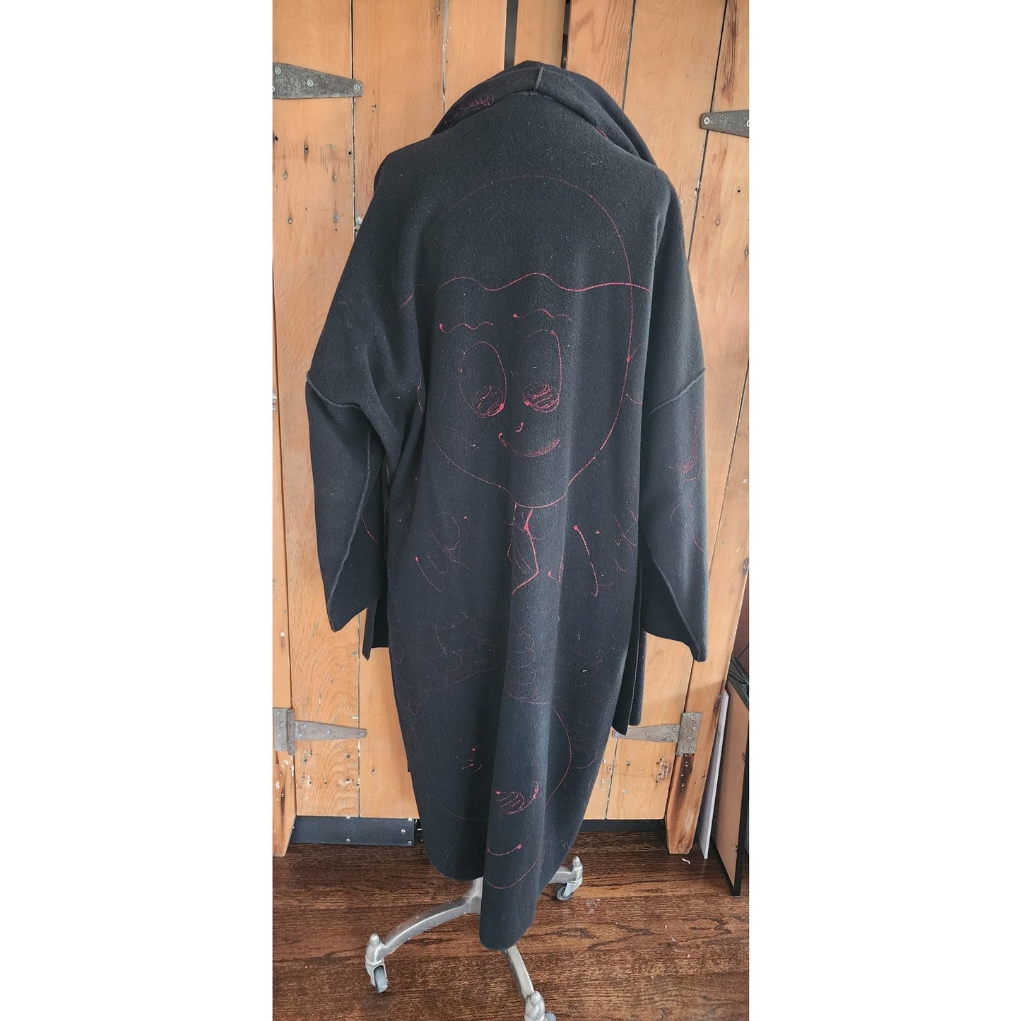 80s Black Slouch Coat Black Wool Red Graphics by Phobeau