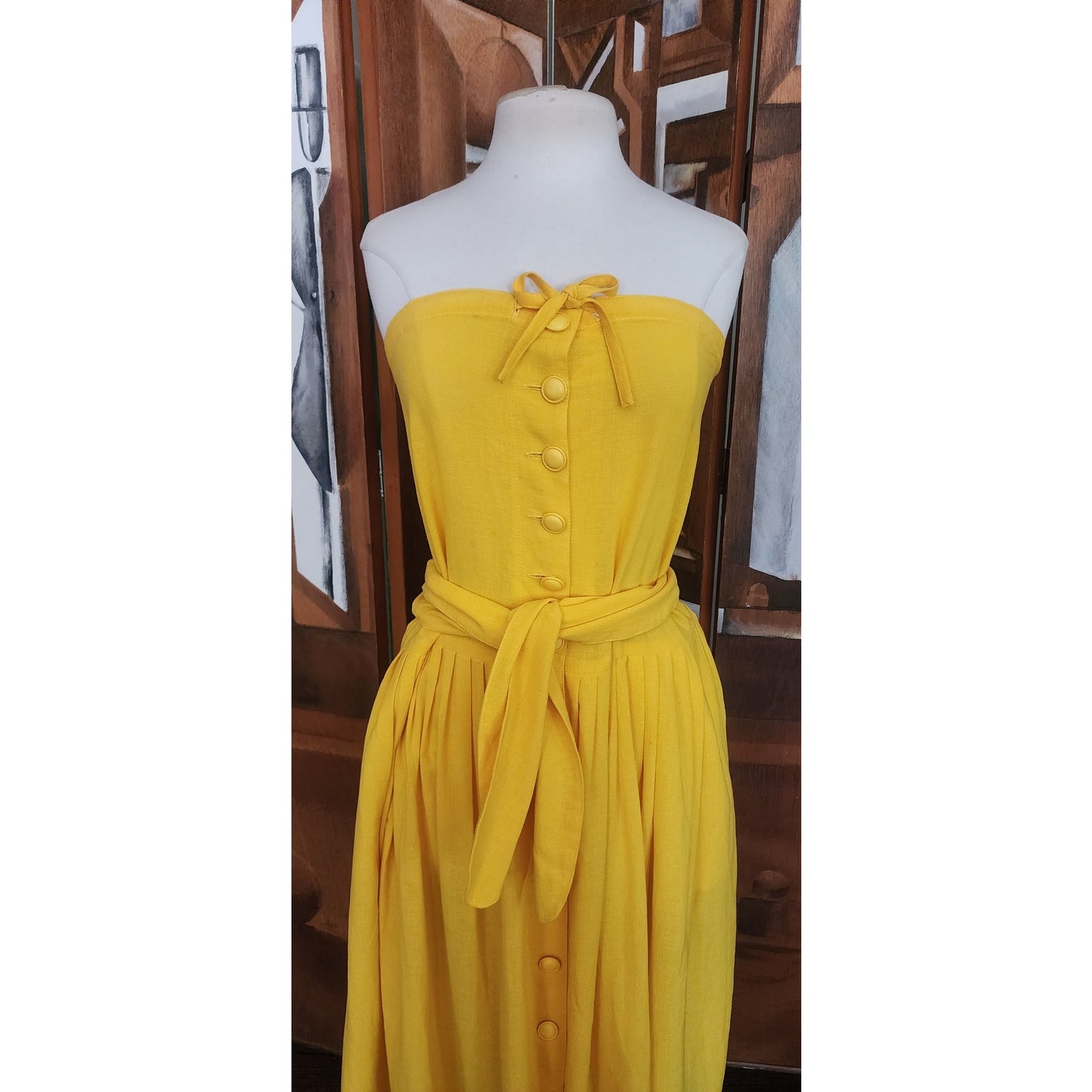 Vintage 80s Sonia Rykiel Strapless Dress Yellow Cotton Button Front Sash Belt Waist
