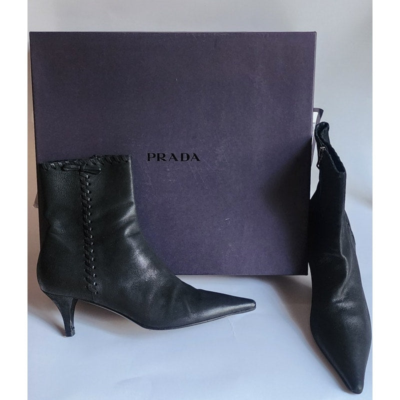 PRADA Ankle Boots Black Leather New in Box Size 38 VG++