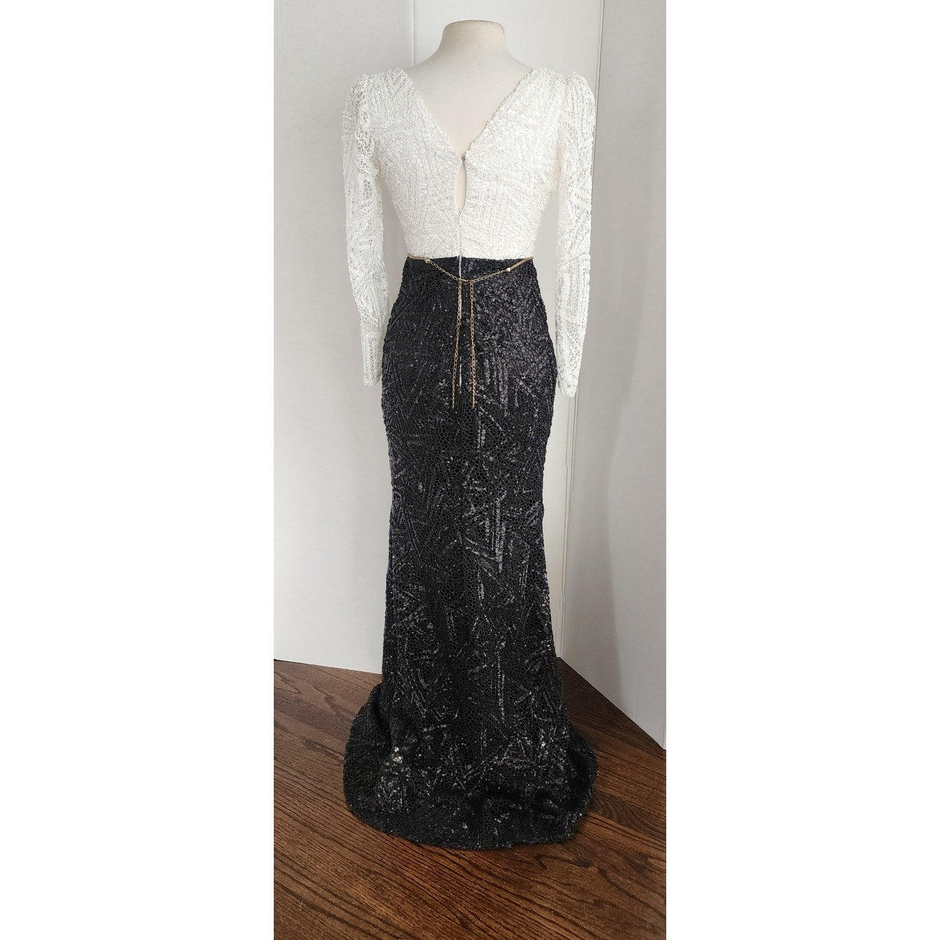 Vintage Evening Gown White Black Sequins Gold Leaf Belt w/Rhinestones