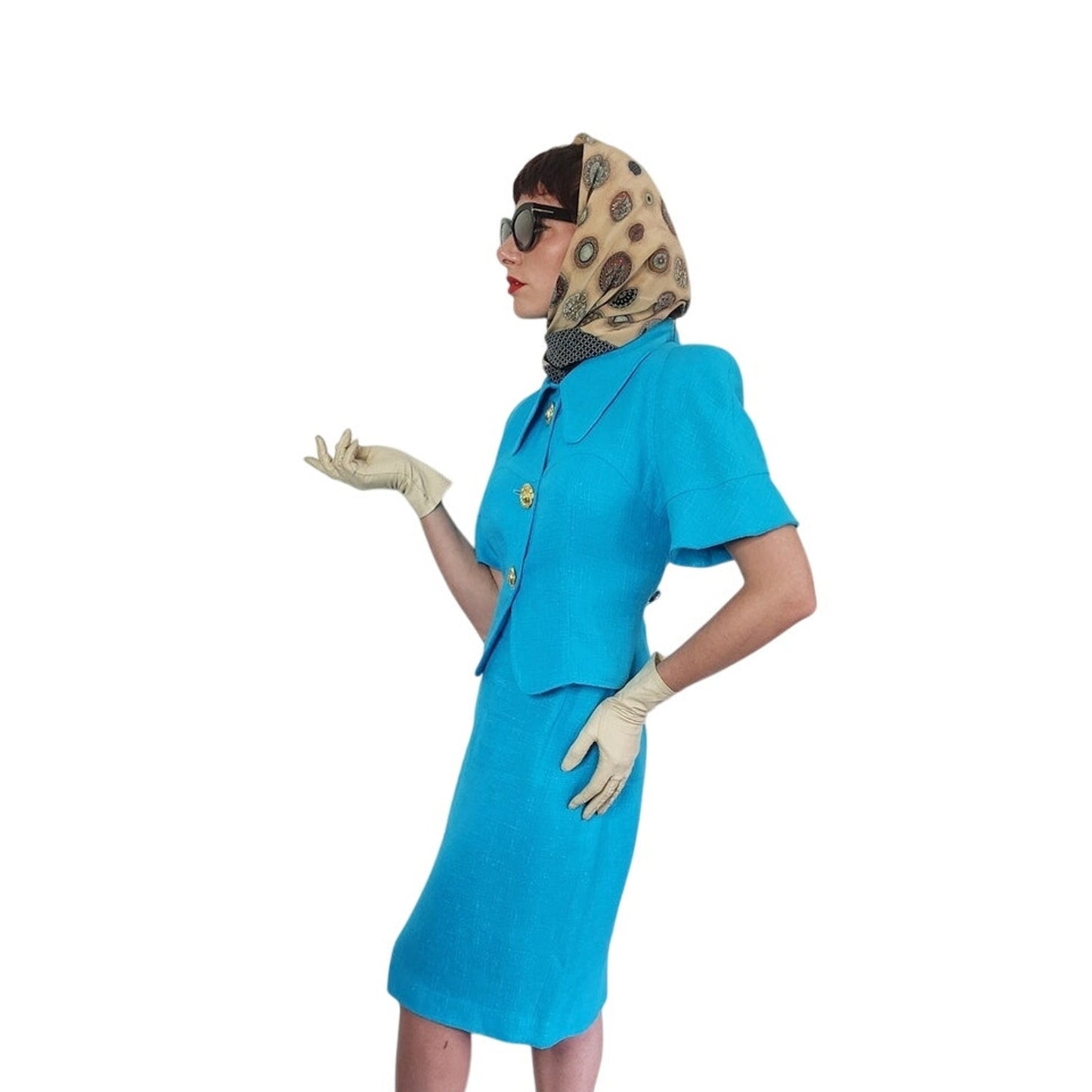 Vintage 1990s Christian Lacroix Skirt Suit Turquoise Blue + Gold Buttons / M