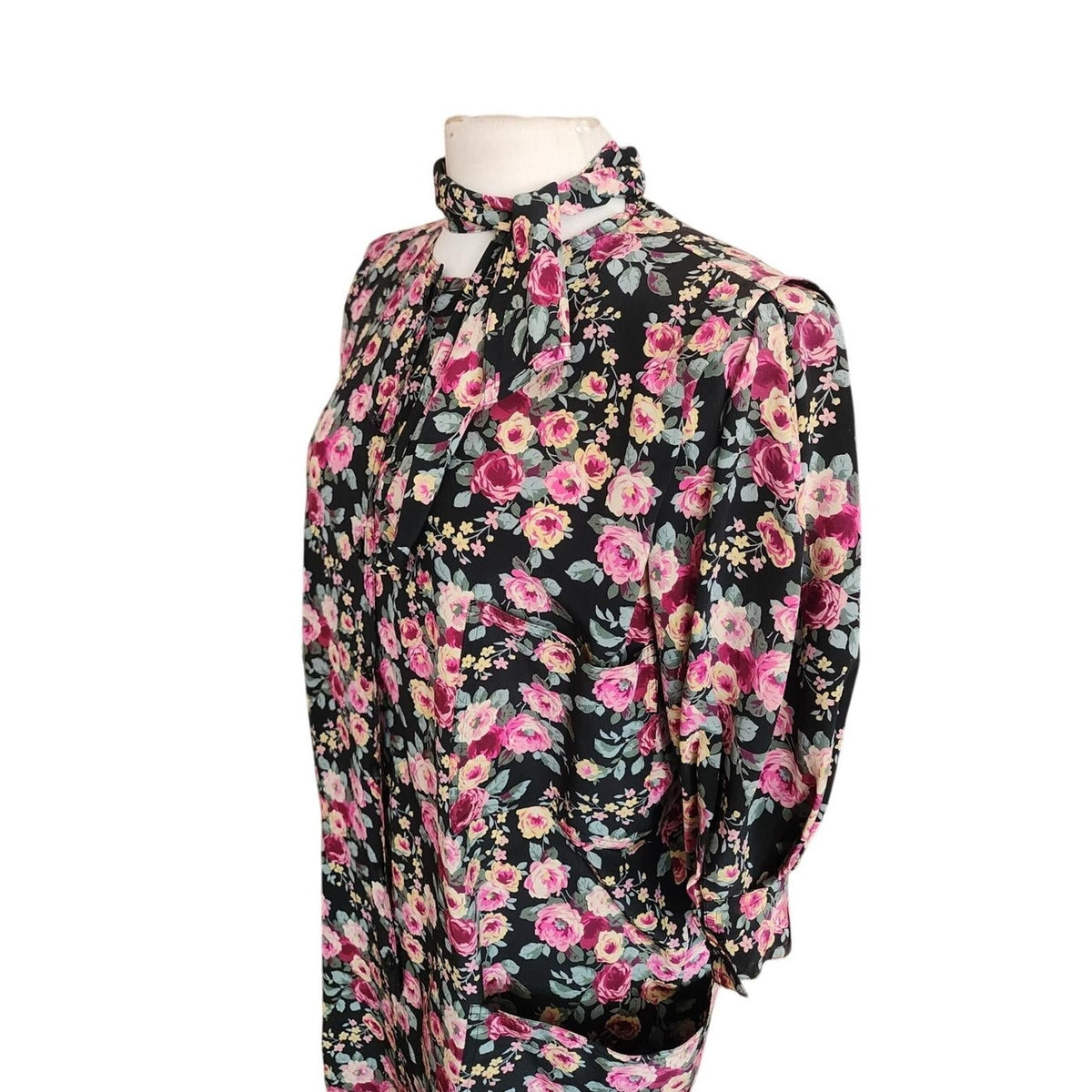 Vintage 1980s Ungaro Dress Silk Floral Rose Print Tie Neck Button Front Pockets