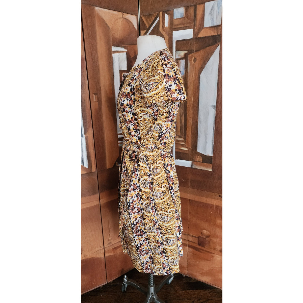 Vintage 1950s Day Dress Yellow Cotton Print Paisley Shirtdress Short Sleeve / M