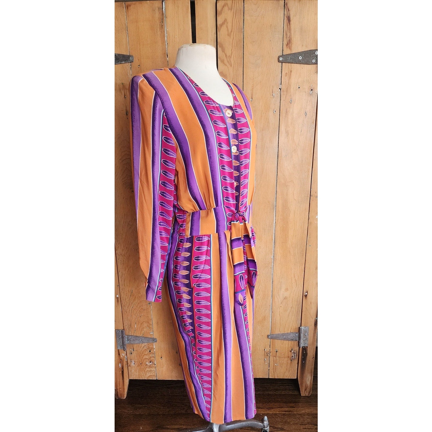 Vintage 1980s Silkprint Dress Purple Orange Stripe Secretary Style Sady King