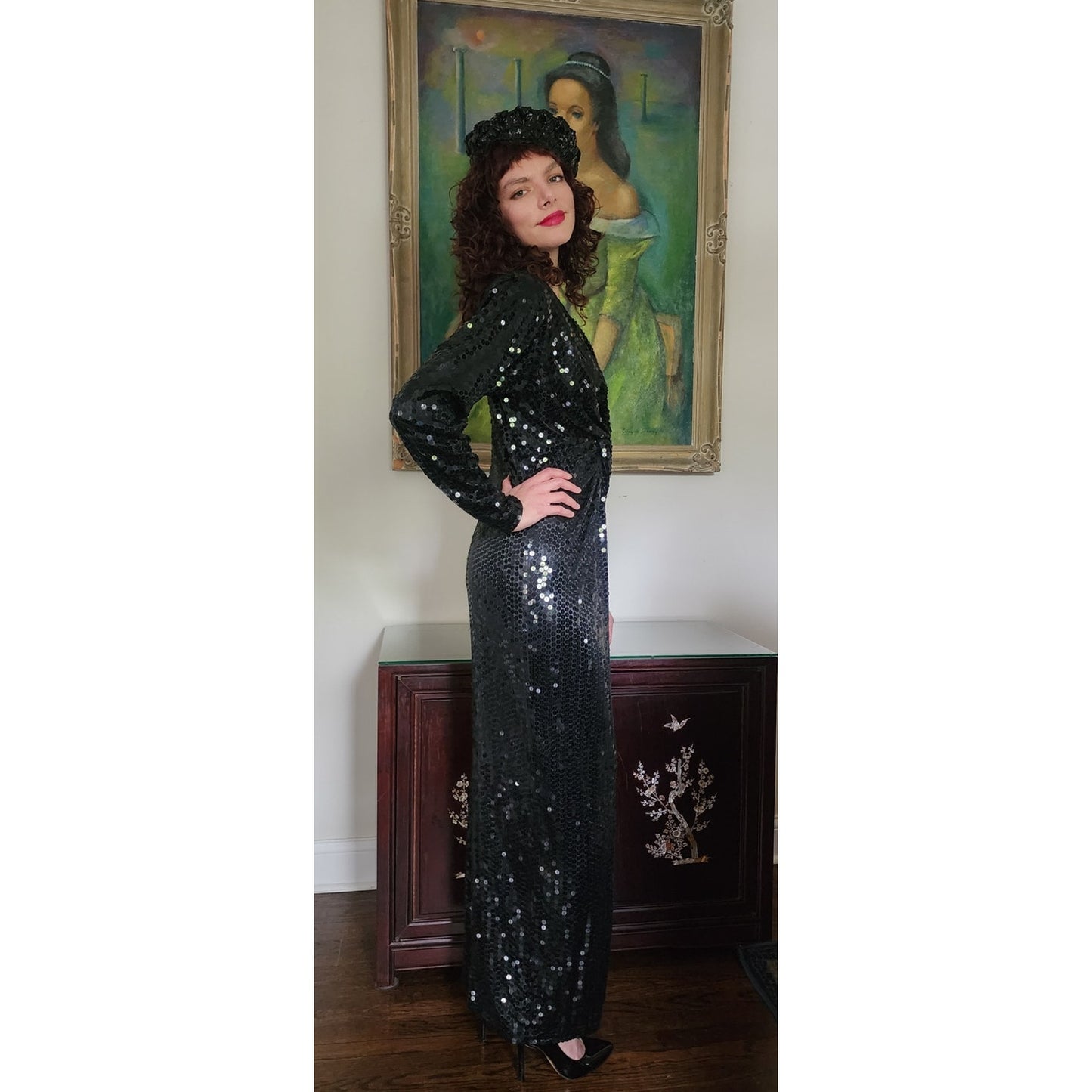 Vintage 1980s Black Sequined Evening Dress Oleg Cassini / M