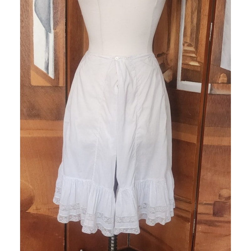Antique White Cotton Bloomers Underwear Pantaloons Open Crotch Lace Trim