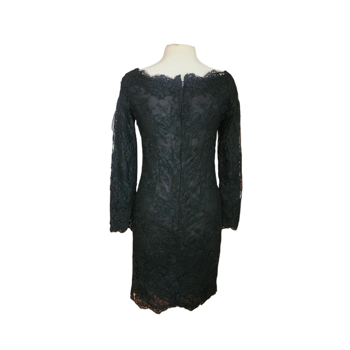 Vintage 1990s Calvin Klein Dress Black Lace Scalloped Boat Neck Long Sleeve Sz 8