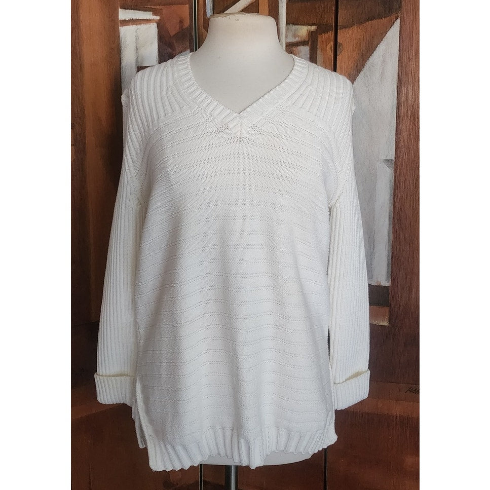 Vintage 1990s Sonia Rykiel Sweater White Knit V Neck Tunic Jumper Textured Stripe Oversized