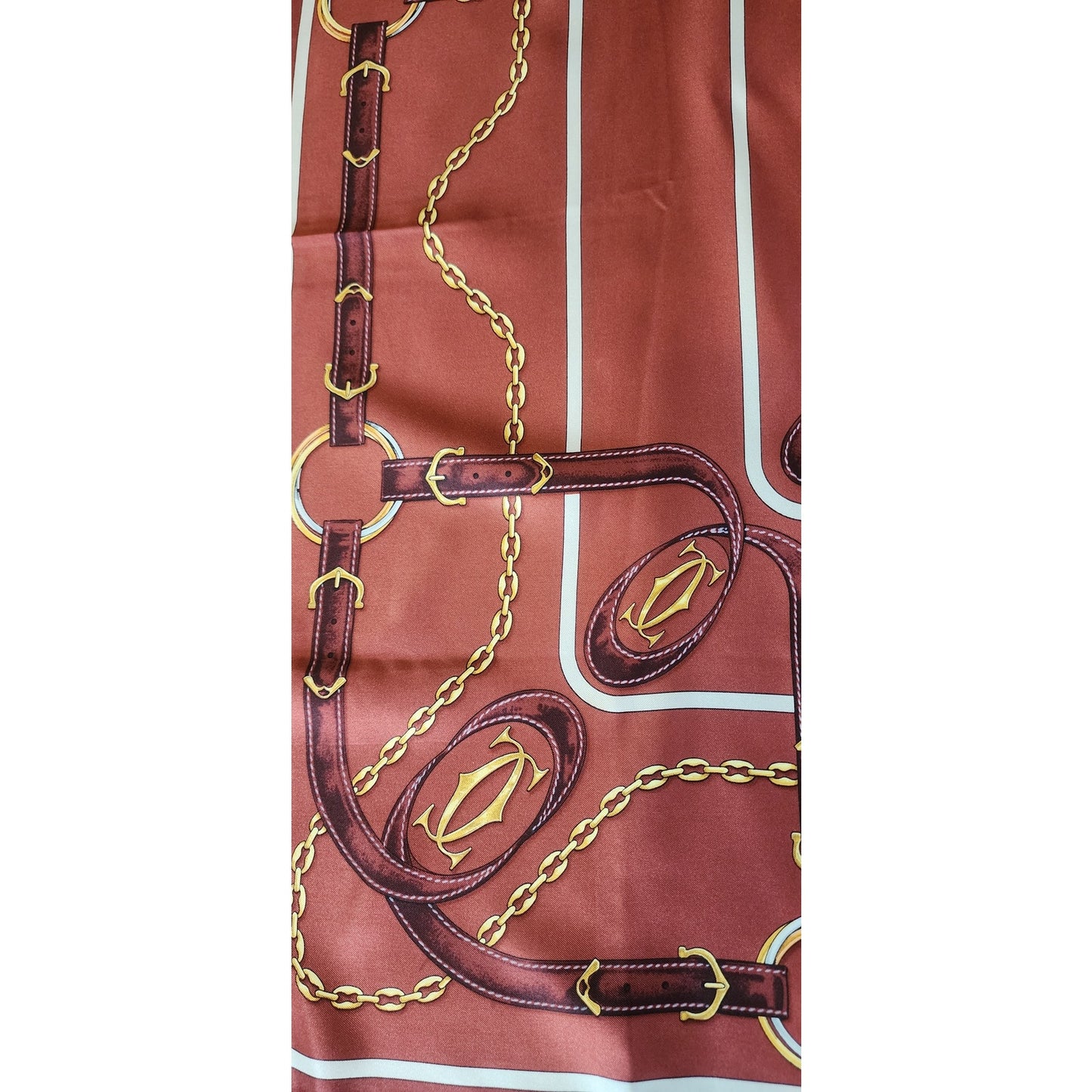 Vintage CARTIER Silk Scarf Brown & Gold Print Square