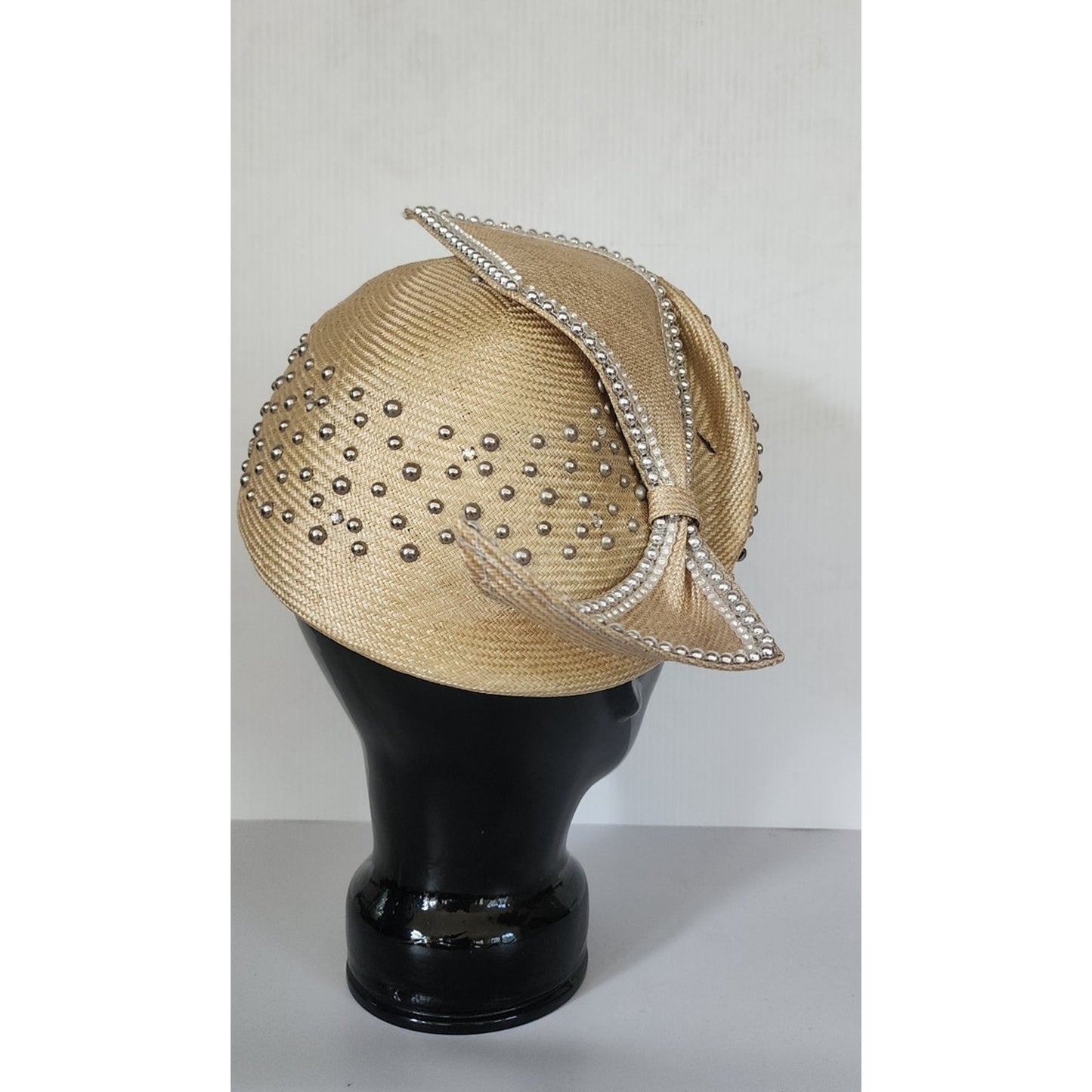 Vintage Jack McConnell Hat Asymmetrical Cream Straw Pearls Studs