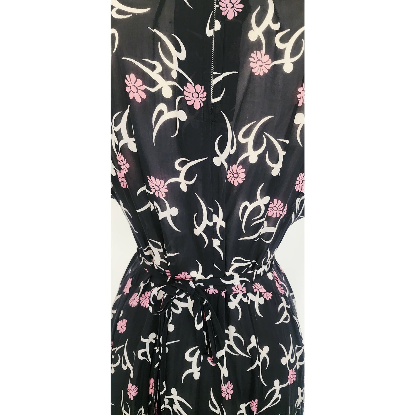 Vintage 1930s Rayon Print Maternity Dress Adjustable Tie Sash Dark Floral Print