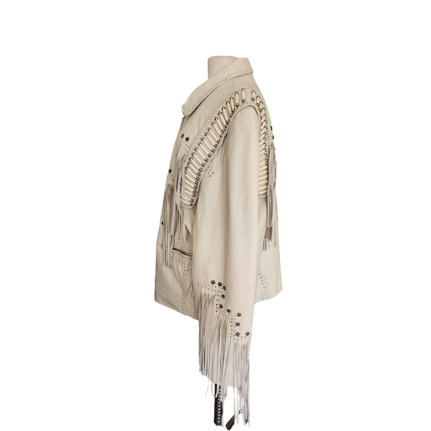 Vintage 1980s White Leather Jacket SUNRIDERS Fringe, Studs & Bone Beads XXL