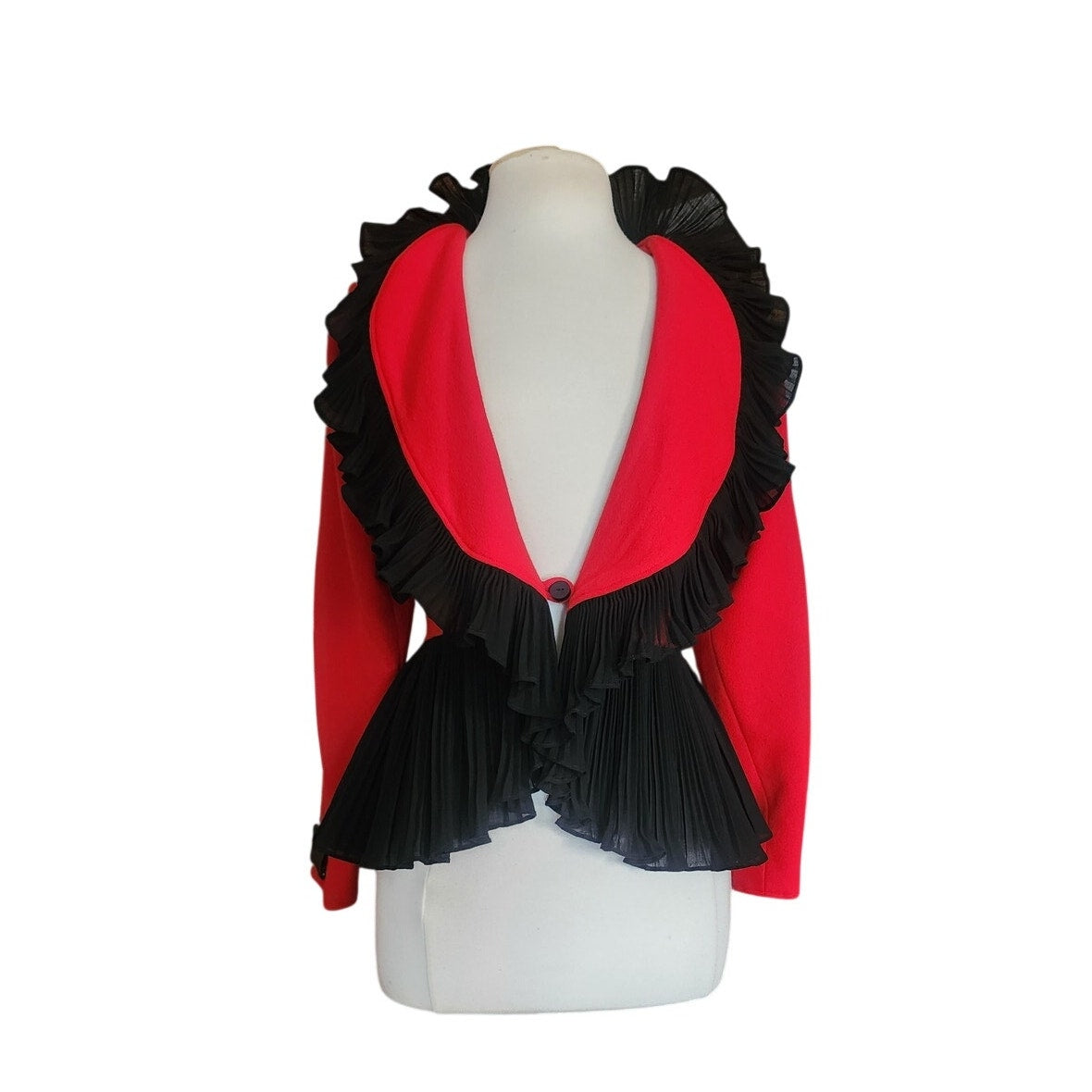 Vintage 1980s Jean Muir Jacket Red Black Ruffle Trim Evening Blazer