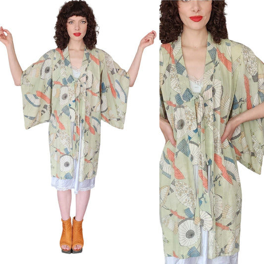 Antique Kimono Haori Jacket Umbrella Cotton Linen  Print