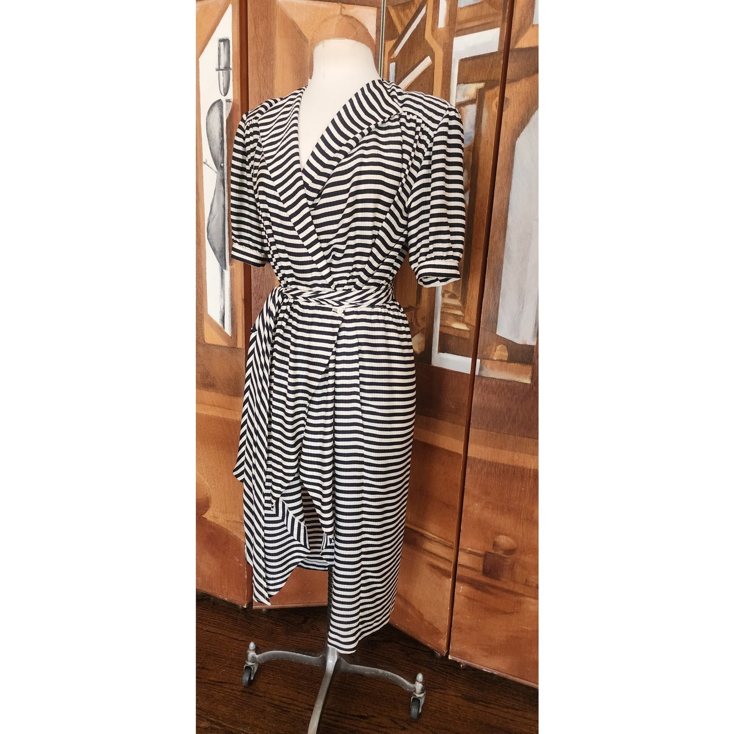 Vintage 1980s Archival Armani Dress Silk Striped Wrap Midi  White Label IT 38