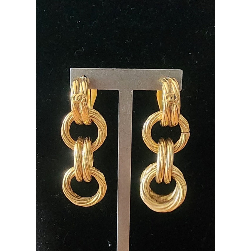 Vintage 90s Chanel Gold Earrings Clips 93P Multi-Ring Drop Logo Hoop Danglies