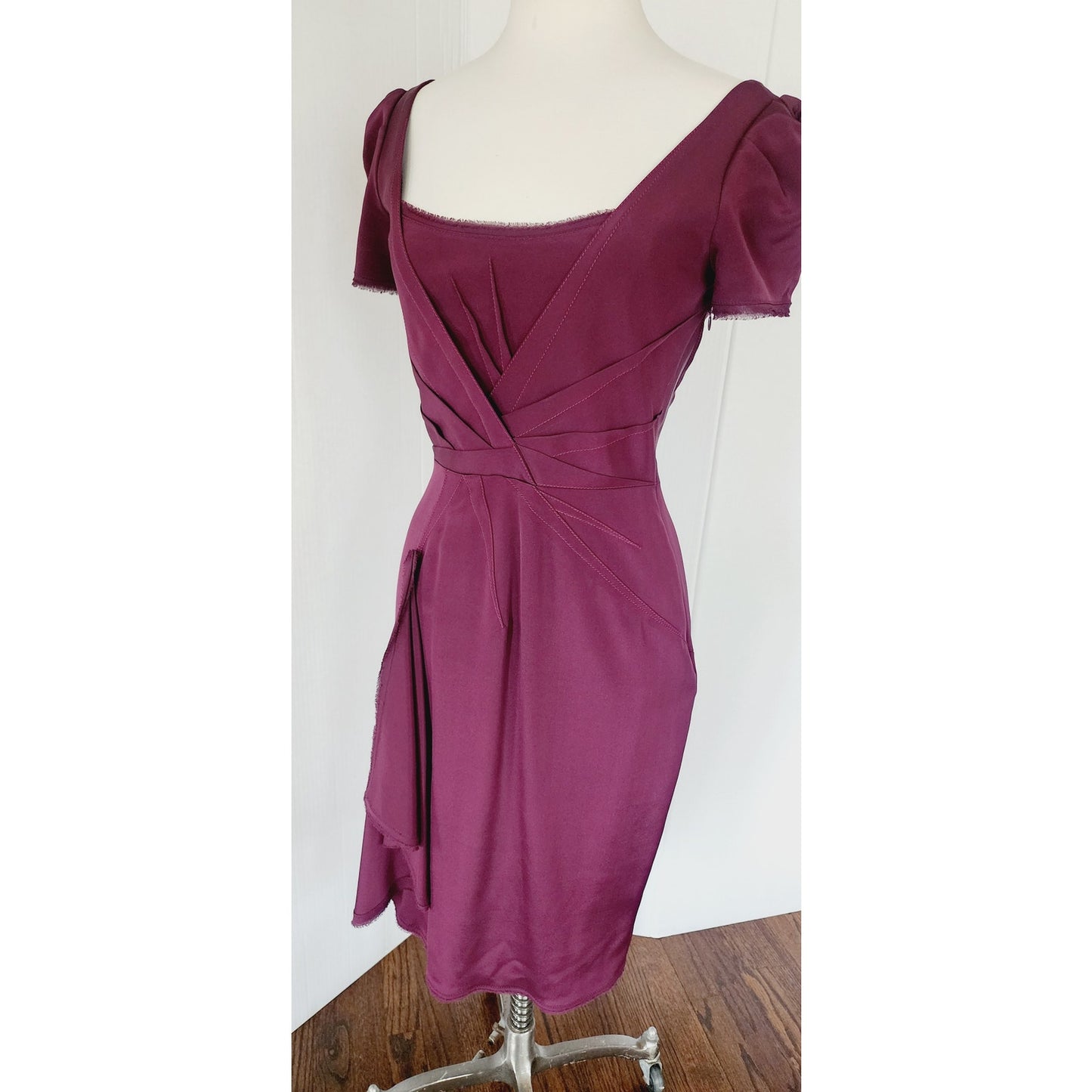 Vintage Y2K Zac Posen Dress Plum Purple with Side Waterfall Scarf NWT