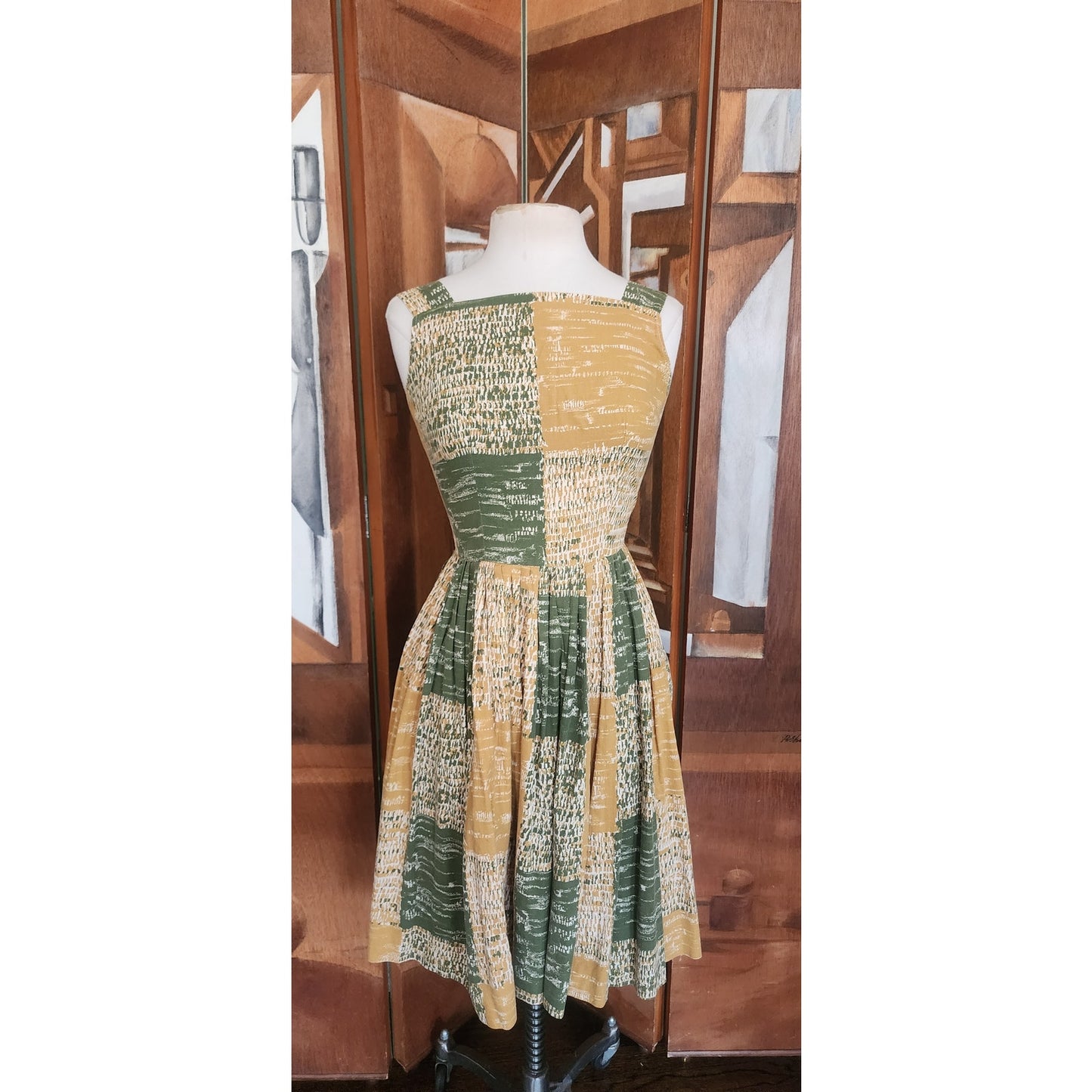 Vintage 40s 50s MCM Cotton Print Sun Dress Green Yellow Gingham Patchwork Rockabilly