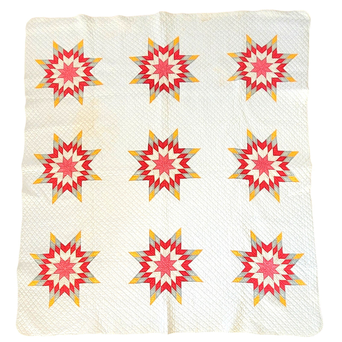 Antique American Quilt 1800s Star Of Bethlehem Cotton Turkey Red Cheddar Yellow on Ivory