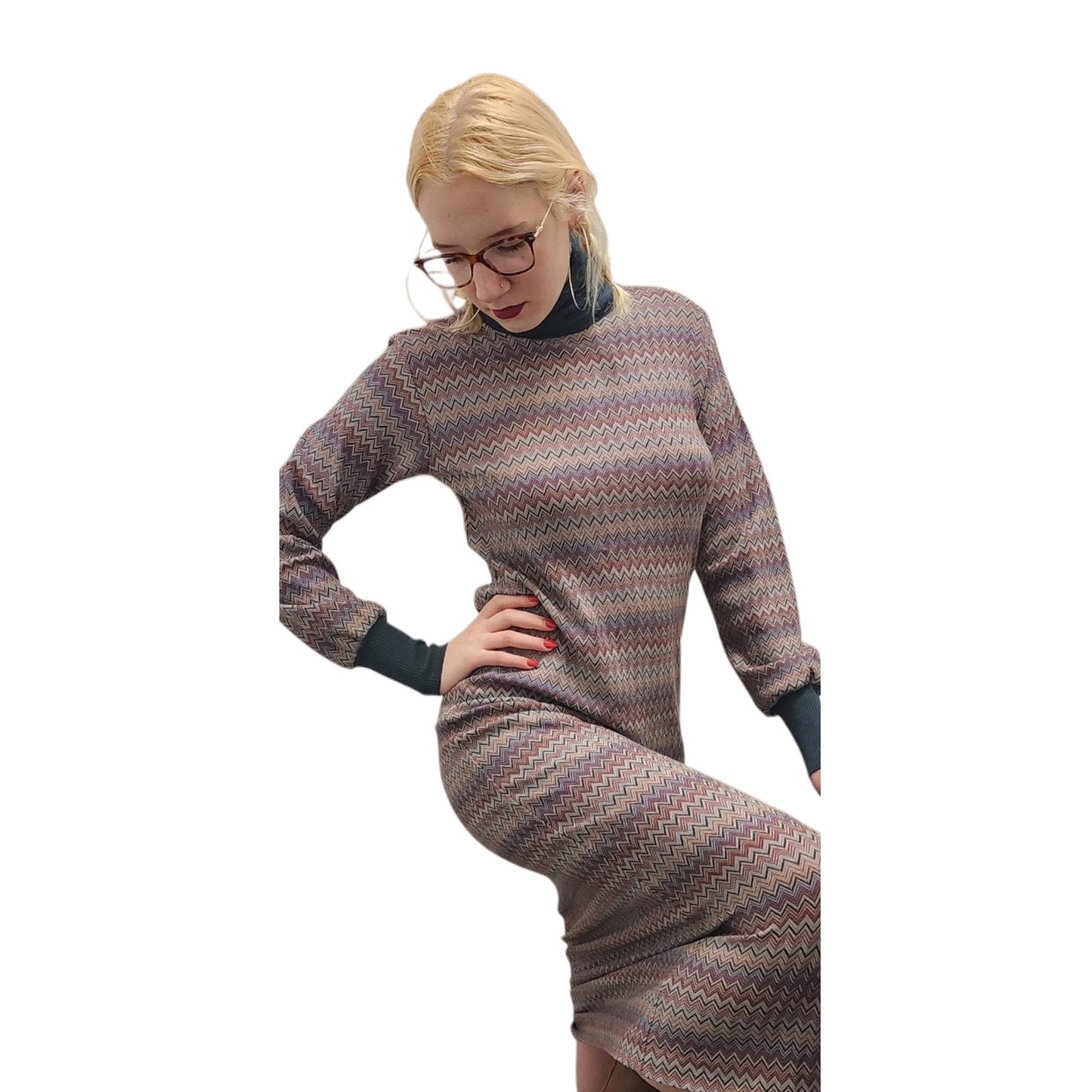 Vintage 1970s MISSONI Knit Dress Long Sleeved Turtleneck Zigzag Pattern