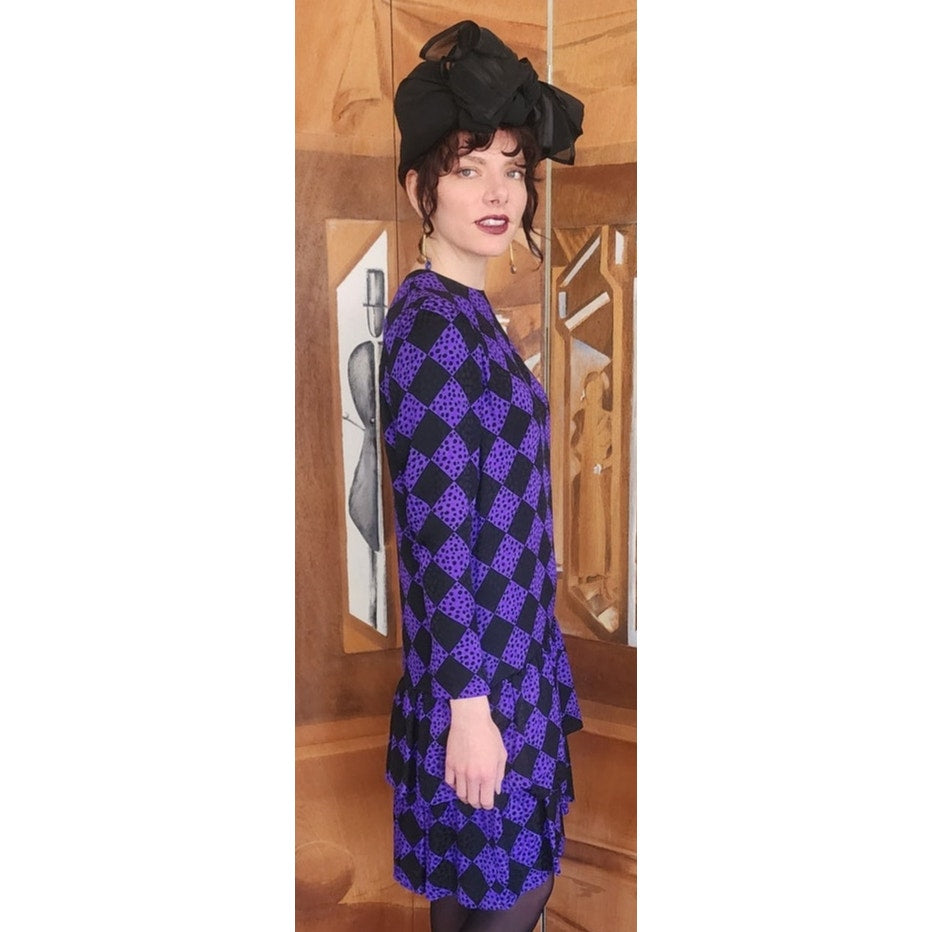 Vintage 80s GIVENCHY Silkprint Dress Purple Black Harlequin Diamonds Long Sleeved