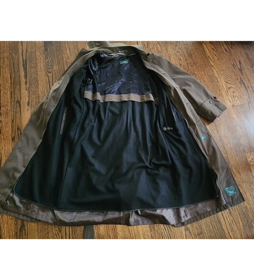 Vintage 1990s Ralph Lauren Mens Coat Brown Olive Green Trench Raincoat Large 40R