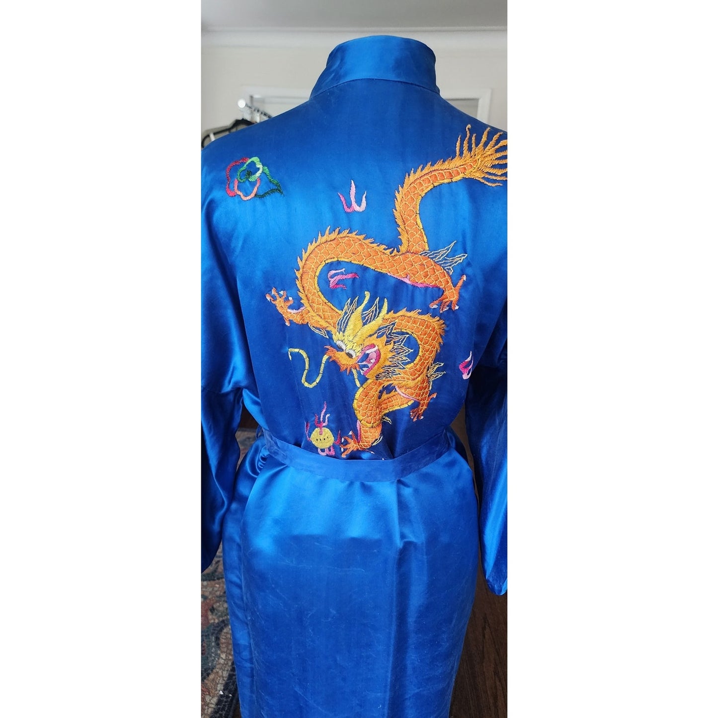 Vintage Chinese Dragon Robe Embroidered Blue Silk Esme