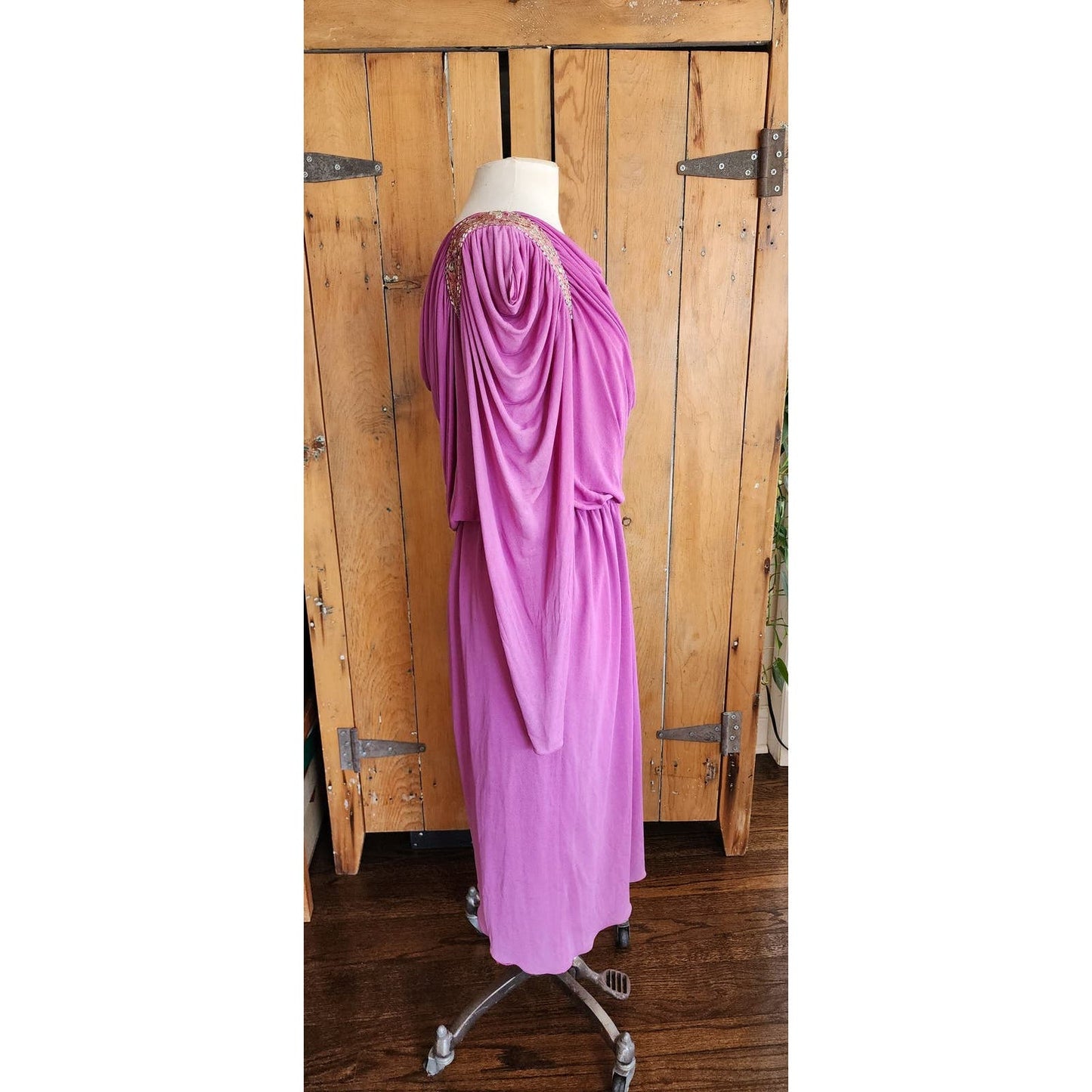 Vintage 80s Purple Evening Dress Grecian Drape Torso Beaded Shoulders Jonathan Hitchcock