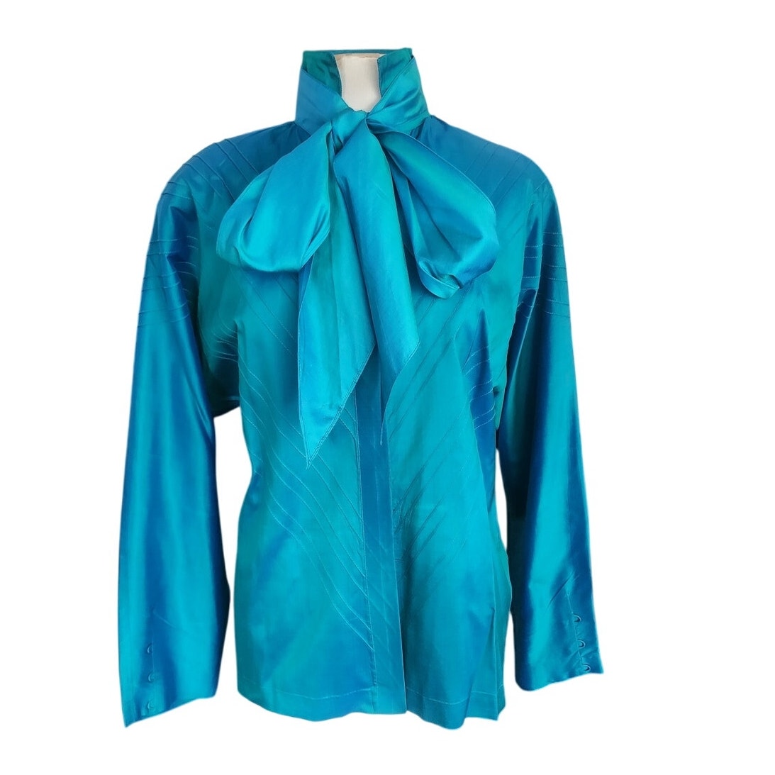 Vintage 80s Silk Blouse Electric Blue w/Pleats and Belt/Pussycat Bow / M